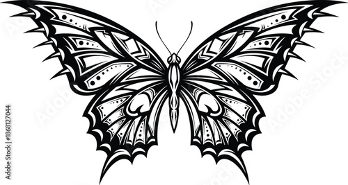 Stylized butterfly tattoo design, symmetrical wings with abstract patterns, black and white vector illustration