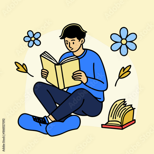 Boy reading a book in a peaceful setting