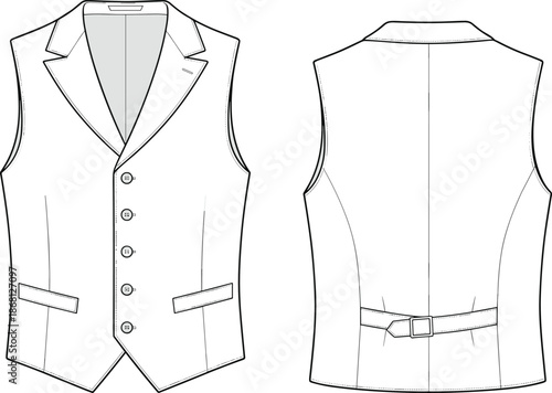 Tailored vest front back view, notched lapel, button closure, waist adjuster, fashion sketch, garment detail, flat vector illustration