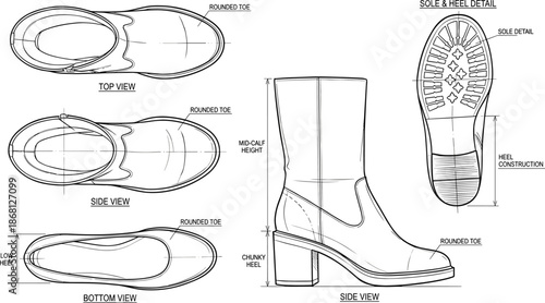 Technical boot design, footwear blueprint, sole detail, chunky heel, side view, top view, bottom view, fashion sketch, flat vector illustration