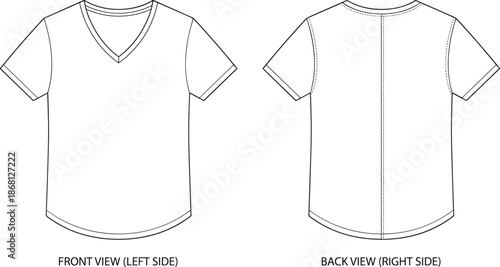V-neck t-shirt technical sketch, short sleeves, curved hem, seam details, front and back view, flat vector illustration