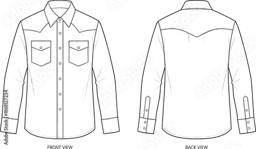Western-style shirt technical drawing, front and back view, flap pockets, pointed yoke, curved hem, flat vector illustration