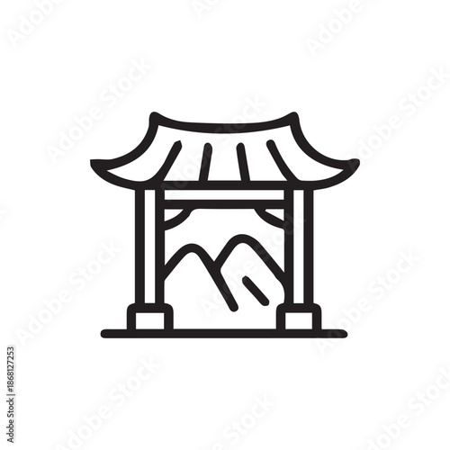 Elegant oriental pagoda entrance with scenic landscape silhouette illustration