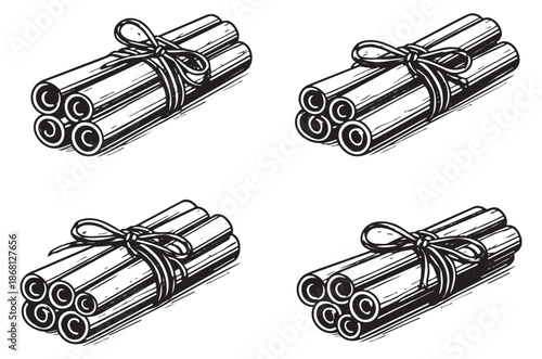 Hand drawn line art cinnamon spice set featuring bundles of cinnamon sticks for culinary use