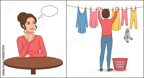 Set of Woman Character Doing Laundry and Thinking for Household Routine and Lifestyle Graphic Design.