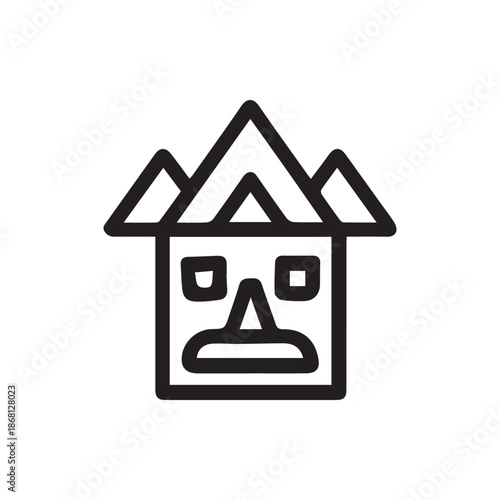Stylized Tribal Face House Structure Minimalist Mountain Peak Icon Art