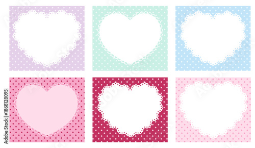 かわいいハートのレースフレームのベクターイラストセット。ドット、ラブリー