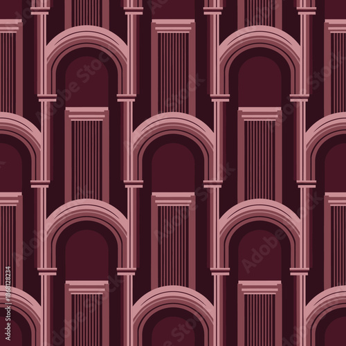 An elegant seamless pattern showcasing classical architectural arches and columns in rich maroon and blush hues, creating a sophisticated and timeless design background.