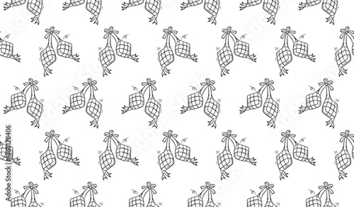 Eid al fitr ketupat doodle pattern background. Ramadan and eid mubarak celebration traditional rice hand drawn illustration seamless pattern outline vector wallpaper.