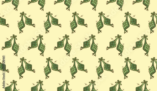 Eid al fitr ketupat doodle pattern background. Ramadan and eid mubarak celebration traditional rice hand drawn illustration seamless pattern colored vector wallpaper.