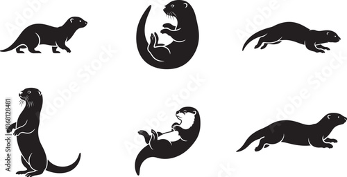 Otter Silhouette Set: Playful Semi-Aquatic Mammals in Swimming and Standing Poses for River Design , Generative Ai