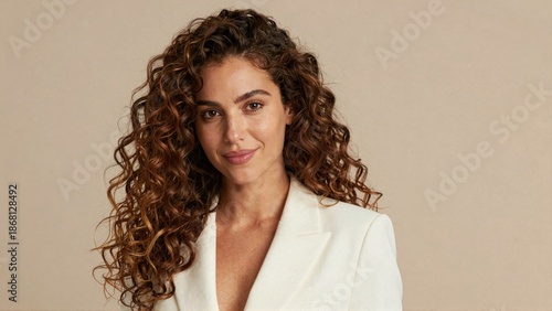 Woman with curly hair in white blazer against beige background