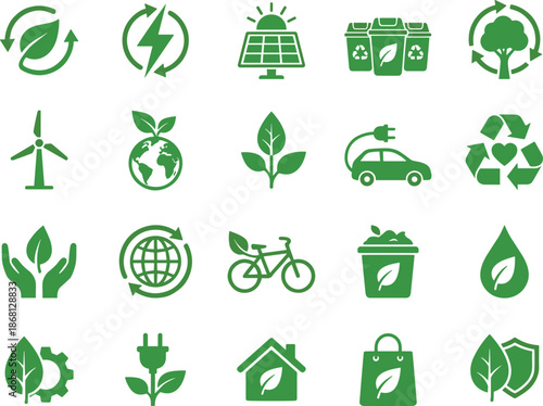 Green eco sustainability icon set with recycling, renewable energy, electric transport, nature protection symbols for environmental design projects