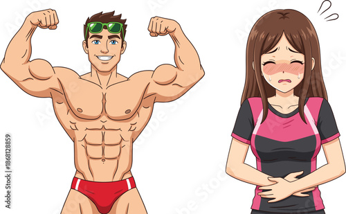 Strong Bodybuilder Man Flexing Muscles with Shy Blushing Woman Characters for Fitness and Comic Graphic Design.