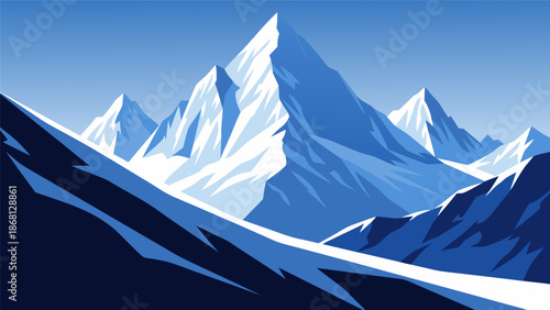 Stunning Vector Illustration of Majestic Snowy Mountains Under a Clear Blue Sky