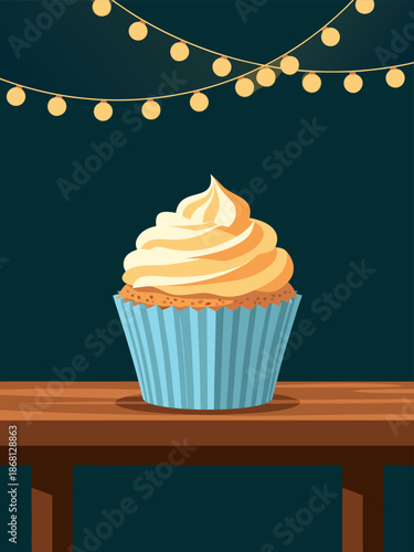 Delicious Vanilla Cupcake with Swirled Frosting on Wooden Table, Festive String Lights - Vector Illustration