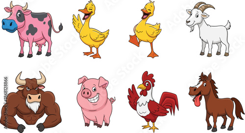 Cartoon farm animals collection set with pink cow, duck, goat, strong bull, pig, rooster, and horse, isolated on white background