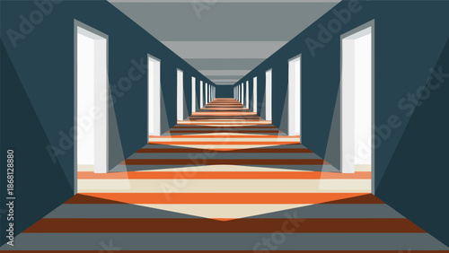 Endless corridor illustration vector, perspective view of a long hallway with multiple doors and striped floor pattern