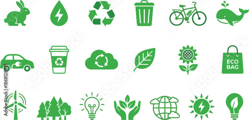 Green eco lifestyle icon set with recycling, renewable energy, nature, electric transport, sustainability symbols for environmental design