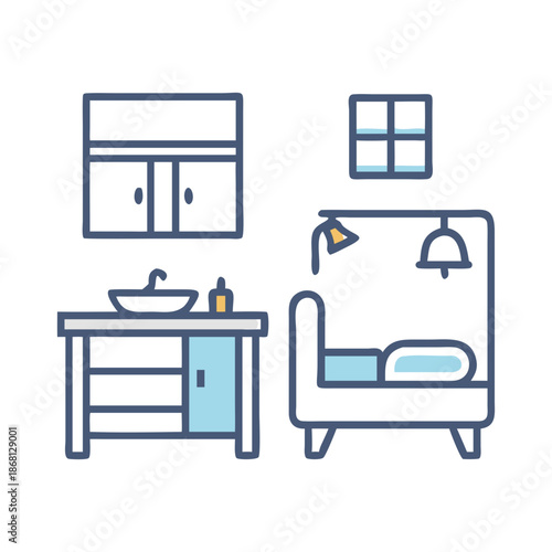 Minimalist vector illustration set featuring a bathroom vanity with sink and mirror, alongside a bed with lamp and window, ideal for home interior design concepts.