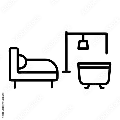 Minimalist black outline vector icon depicting a bed, a standing lamp, and a bathtub, representing home, hotel, and accommodation amenities for web design and mobile apps.