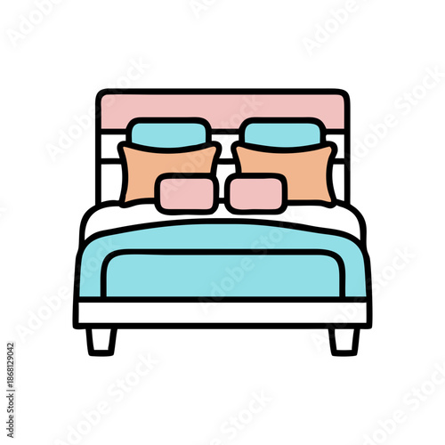 Minimalist Queen Size Bed Vector Icon with Pink Headboard, Blue Blanket, and Peach Pillows for Bedroom Furniture Design