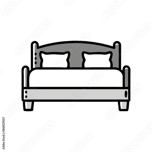 Minimalist black outline vector icon of a classic double bed with a grey headboard, footboard, and two white pillows, perfect for bedroom furniture and accommodation designs.