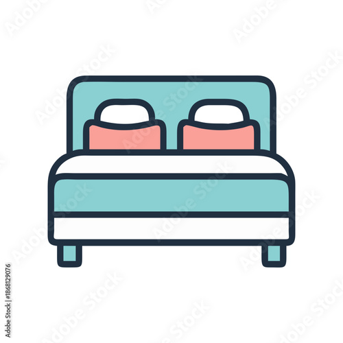 Minimalist Double Bed Vector Icon with Teal Frame and Pink Pillows for Hotel, Accommodation, or Bedroom Design Elements