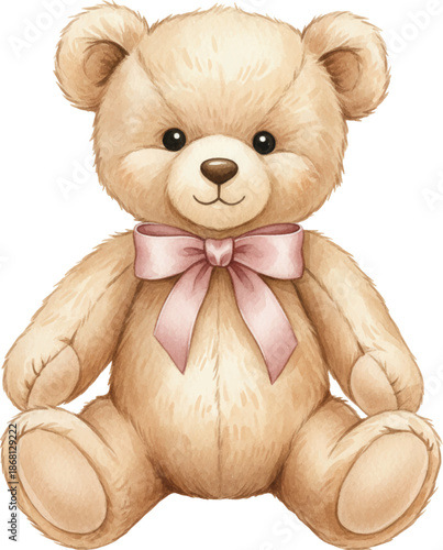 Watercolor Cute Teddy Bear Sitting with Pink Ribbon Illustration