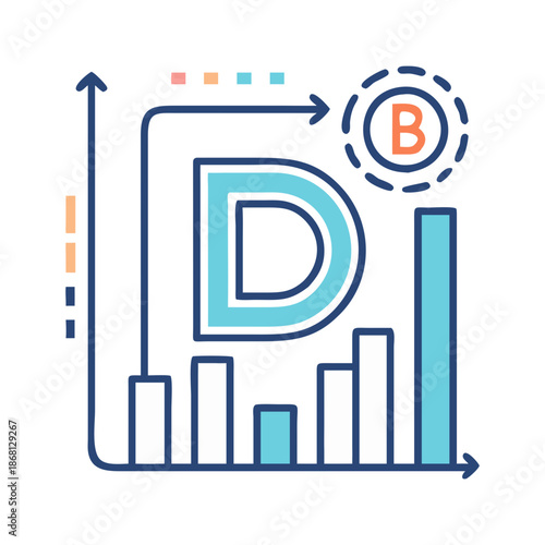 Data-driven business analytics vector icon with bar chart, upward arrow, and letter D, representing digital marketing strategy and growth