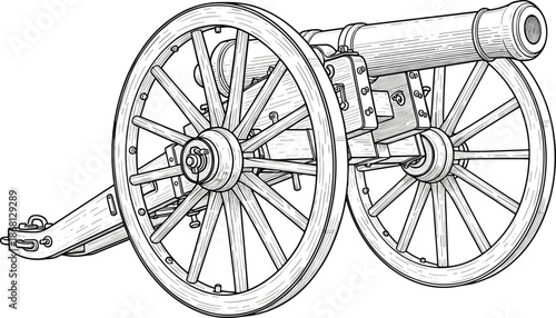 Black and white line of a historical cannon with wooden wheels artillery military