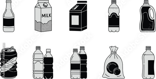 Collection of beverage and cleaning product containers and a trash bag bottle milk carton