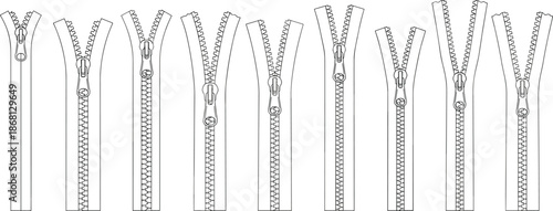 Collection of black and white zipper with various states of closure fastener clothing