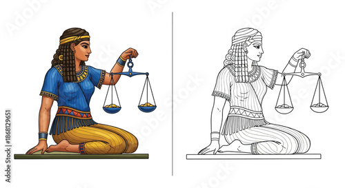 Egyptian Goddess Statue With Scales of Justice Color and Line Art Comparison Design