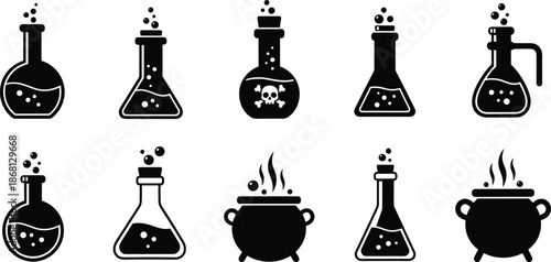 Collection of black science laboratory flasks and cauldrons with bubbling liquids