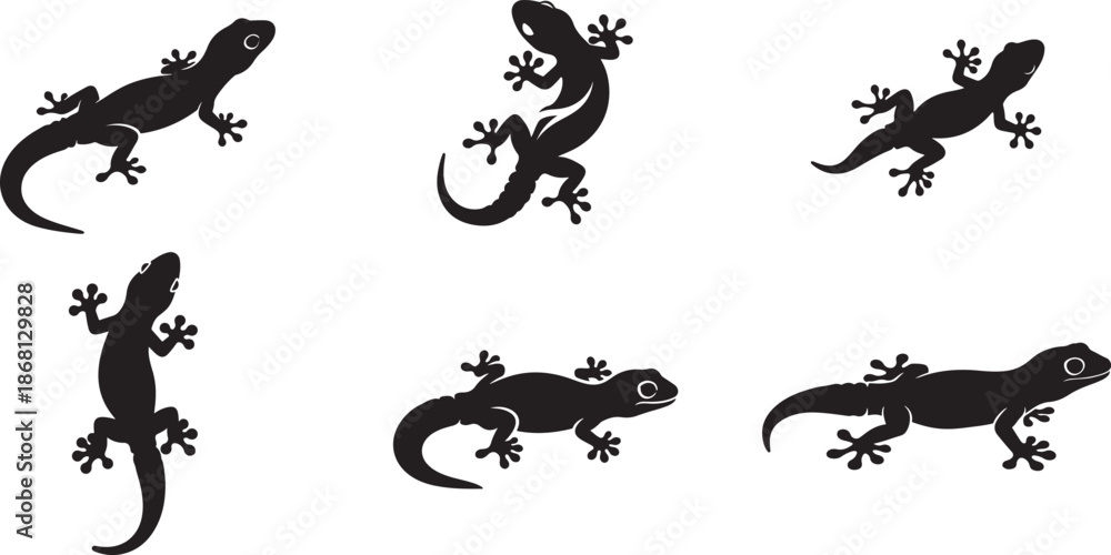 Fototapeta premium Gecko Silhouette Set Featuring Various Species from Top and Side Views, Reptile Wildlife Vector Illustrations for Wall Art and Graphic Design , Generative Ai