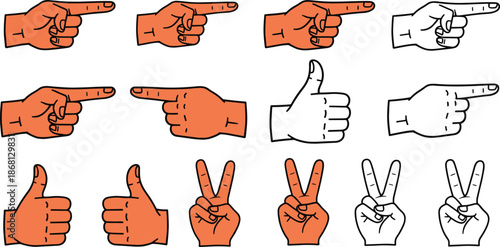 Collection of orange and white hand gestures pointing right thumbs up and peace signs