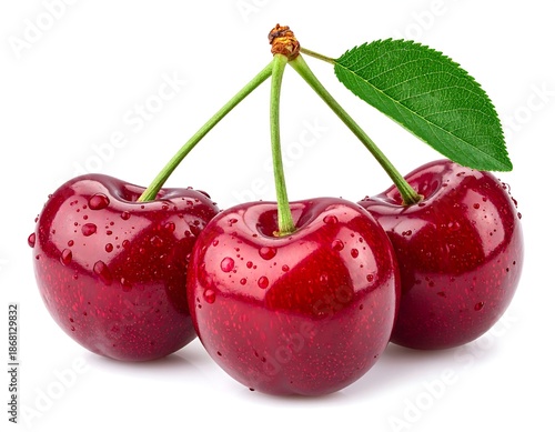 Close-up of three ripe cherries with stems and a single green leaf