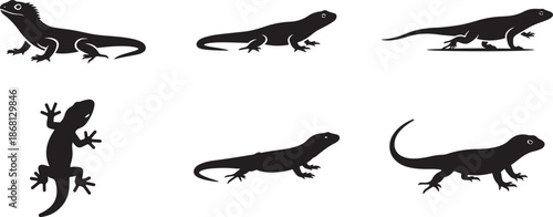 Lizard Silhouette Set with Geckos and Skinks in Different Views, Reptile Wildlife Vector Art, Cold-Blooded Animal Icons for Tropical Theme Design , Generative Ai