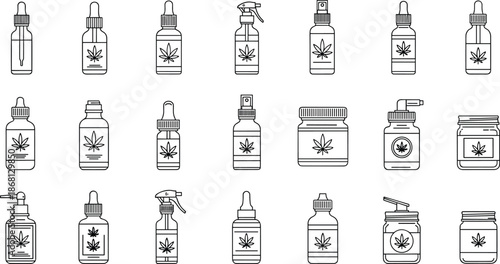 Collection of line of oil bottles jars and spray bottles oil bottle CBD oil bottle