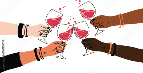 Diverse hands holding wine glasses in a toast celebration