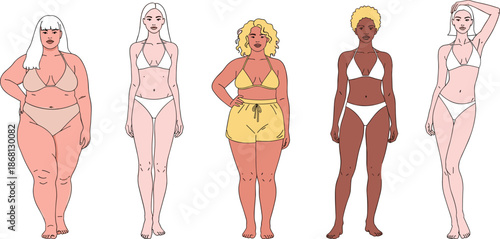 Diverse women in swimwear standing in different poses underwear bikini