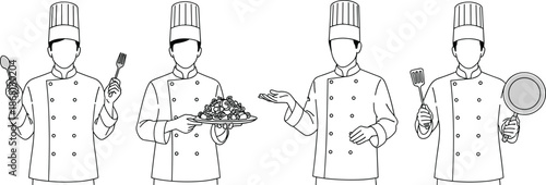 Four chefs in uniform holding cooking utensils and food kitchen