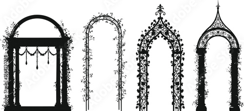 Four black silhouette garden arches with climbing vines and decorative black and white