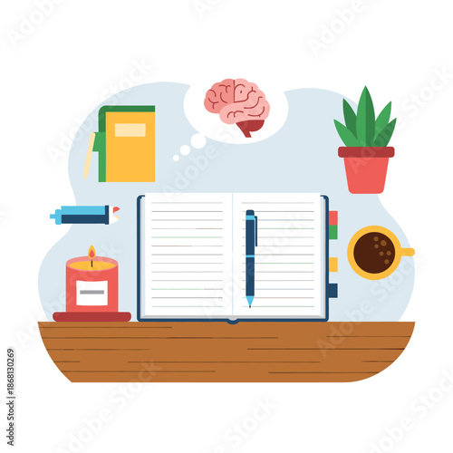 A simple illustration of a brown wooden boat deck with a red cushion and white background, evoking a sense of calmness and serenity.