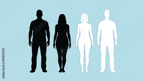 Four human silhouettes in black and white on light blue background people faceless