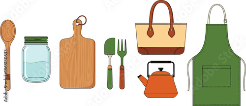 Kitchen wooden spoon jar cutting board spatula fork tea kettle bag apron cooking