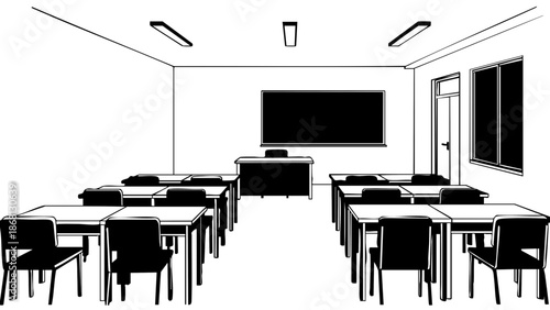 A line drawing illustration of an empty classroom, featuring desks, chairs, and a blackboard