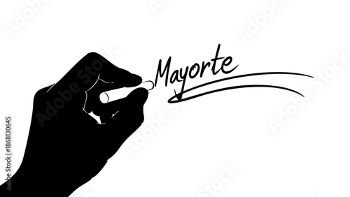 A hand is writing the word Mayorte in a cursive style