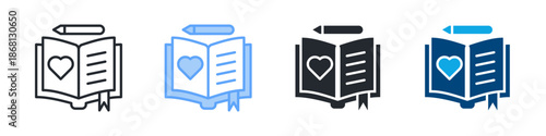 Diary Icon Set Multiple Style. Designed In Outline, Blue, Glyph, Dual Tone